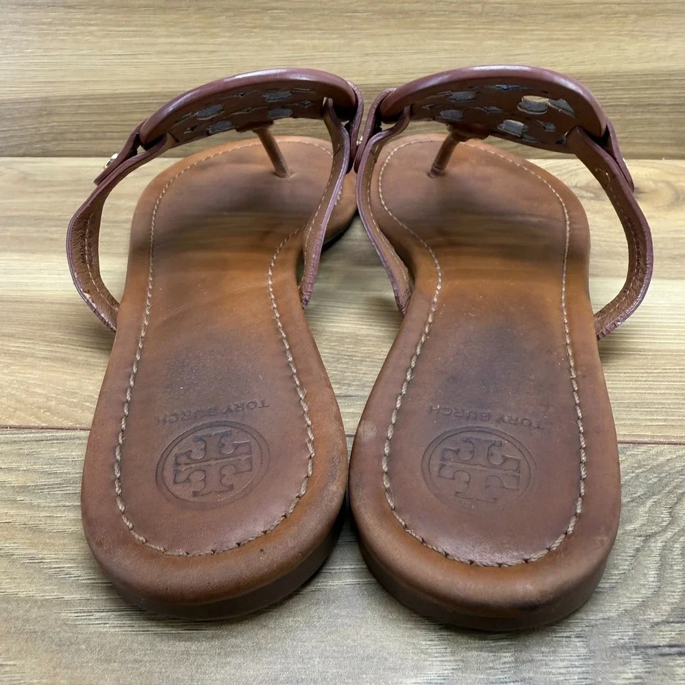 Tory Burch Miller Sandals 9.5 Royal Tan Leather Vacation Resort Flip Flops